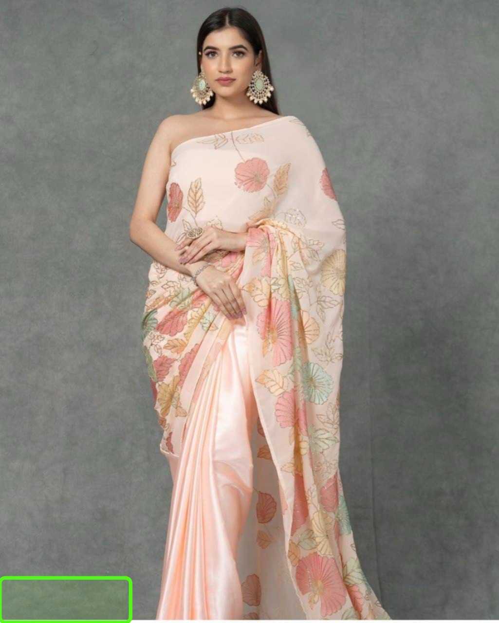 YNF JAPAN SARTIN KSB 80 SAREES WHOLESALE FANCY CRAPE SATIN EMBROIDERED SAREES MANUFACTURER