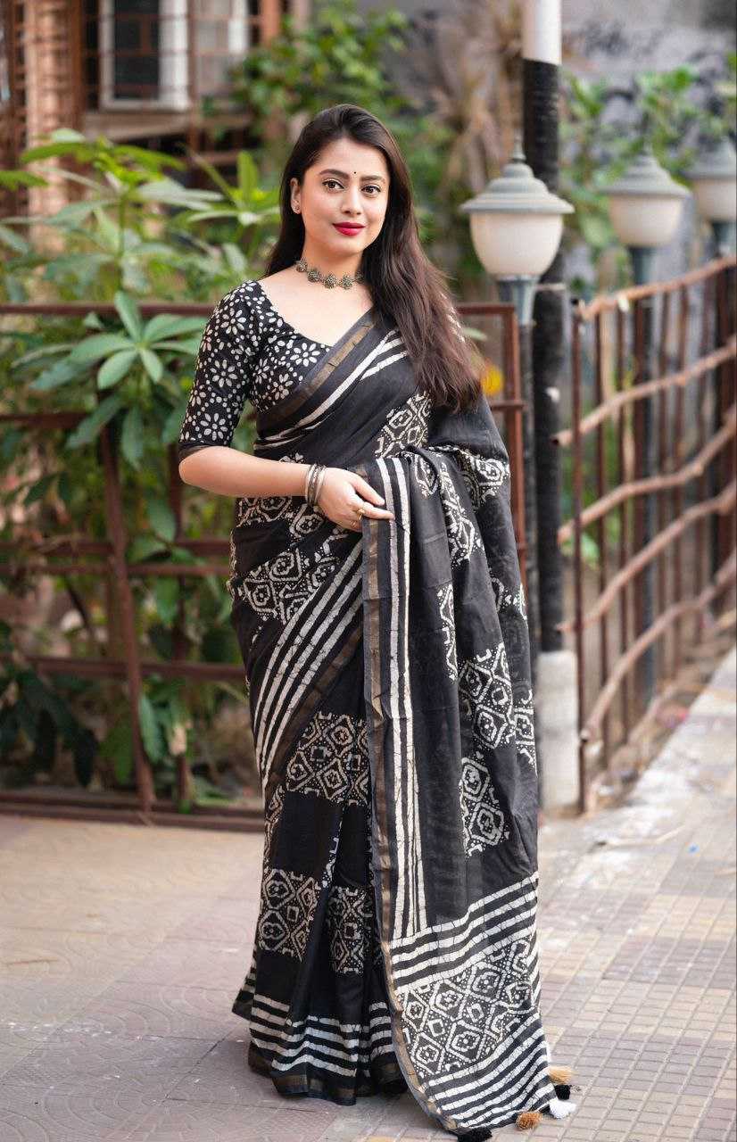 YNF PURE COTTON KESH118 BLACK BATIK SAREES WHOLESALE PRINTED COTTON LINEN BATIK ZARI BORDER SAREES MANUFACTURER