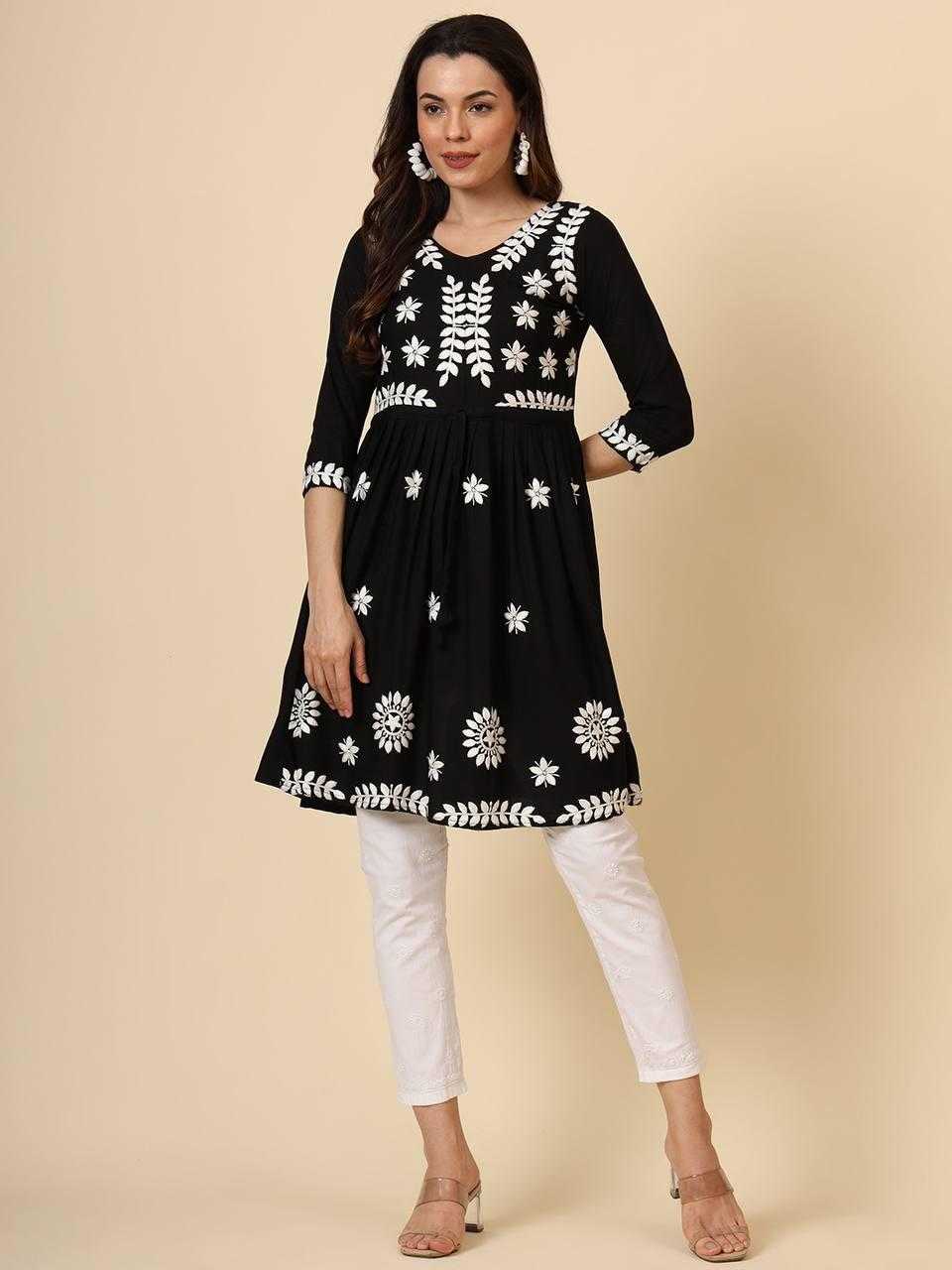 YNF RAYON RIN188 NAVKAR KURTIS WHOLESALE WORKWEAR SHORT RAYON CHIKAN KURTIS MANUFACTURER