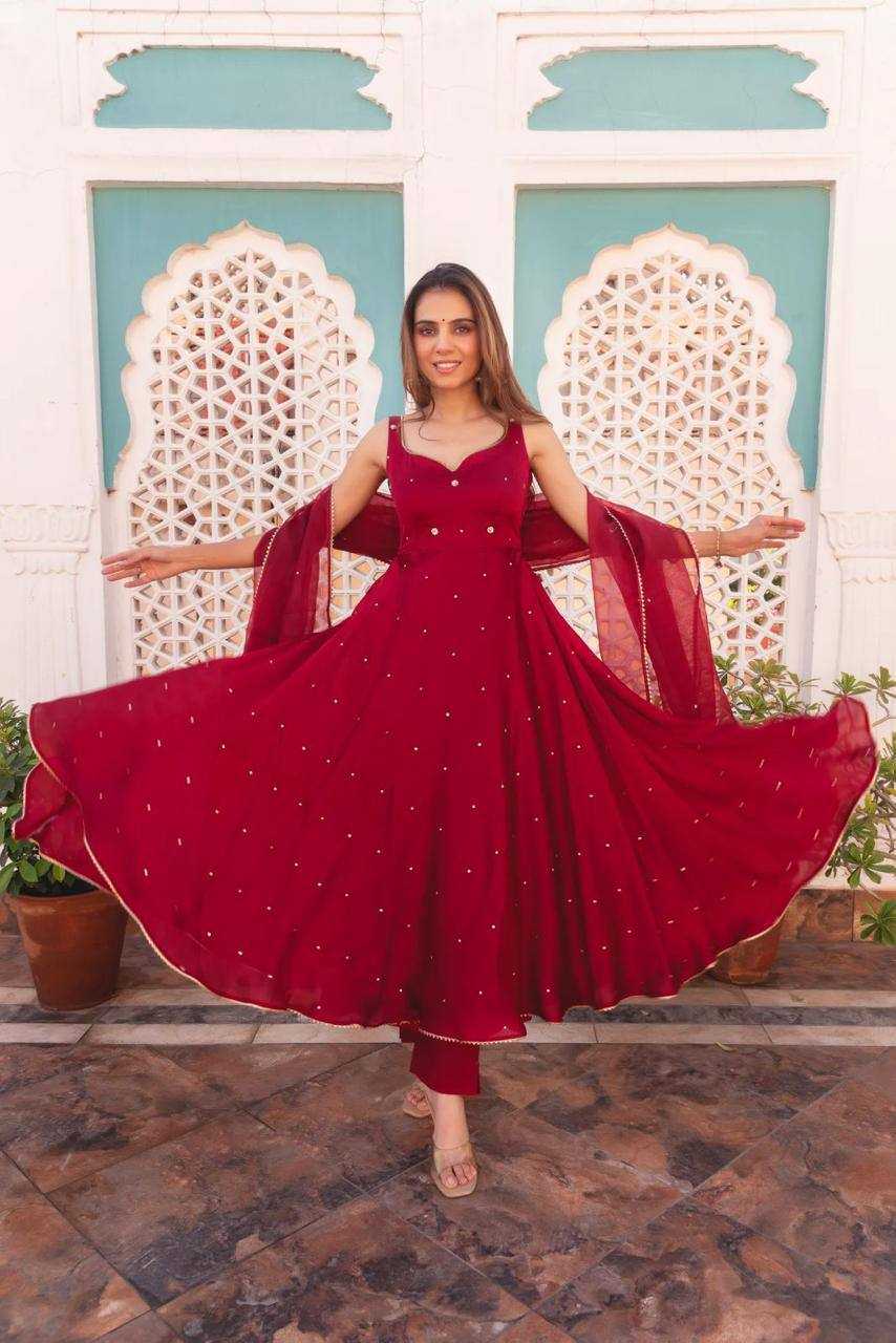 YNF GEORGETTE KESH211 LDY36 GOWNS WHOLESALE EMBROIDERY ANARKALI LONG GEORGETTE SLEEVELESS MAROON GOWNS MANUFACTURER