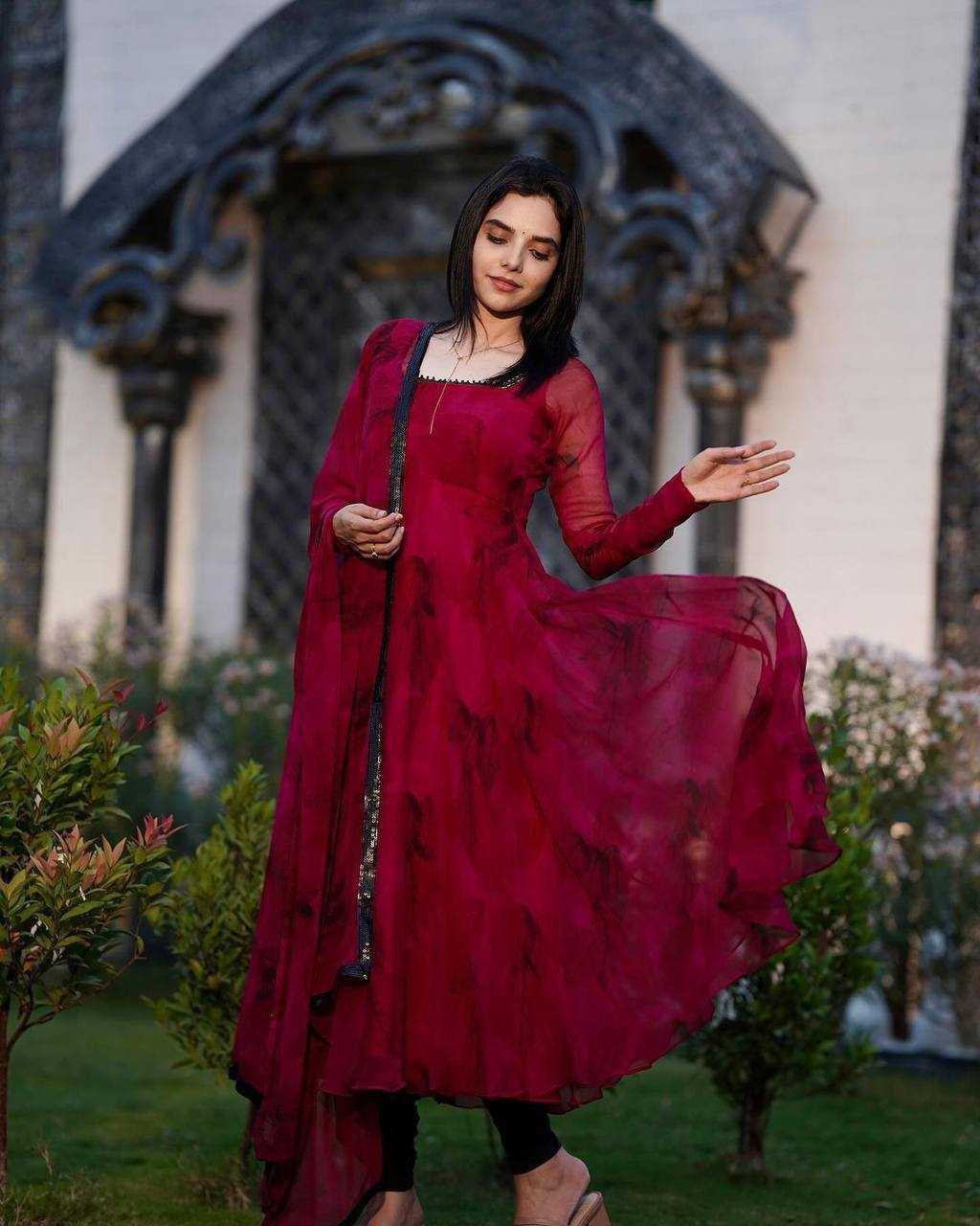 YNF GEORGETTE KESH211 LDY47 GOWNS WHOLESALE PRINTED ANARKALI LONG GEORGETTE SIMPLE MAROON GOWNS MANUFACTURER