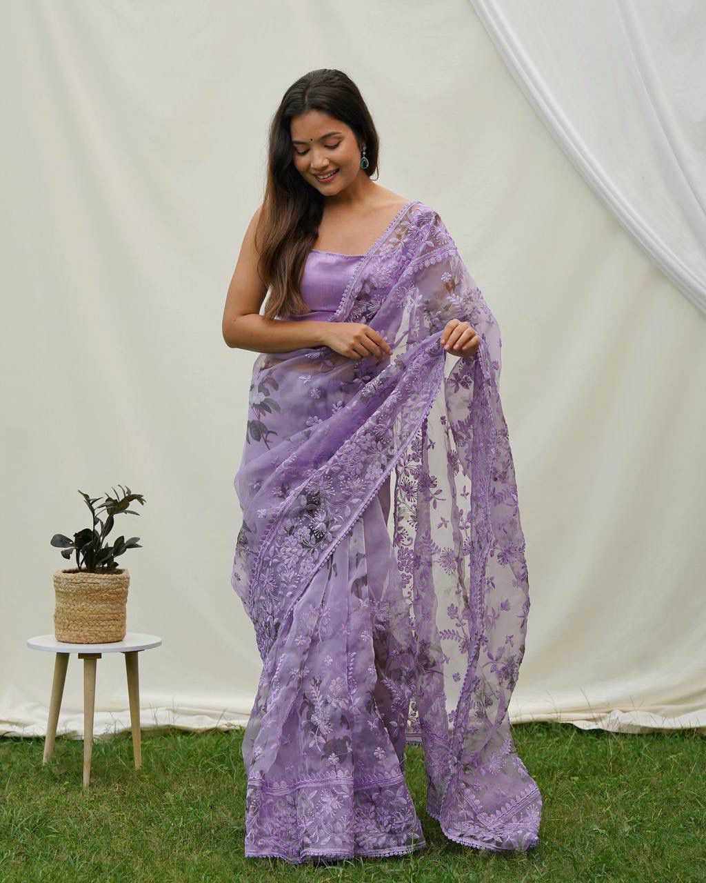 YNF ORGANZA SILK KESH106 Panihari SAREES WHOLESALE ORGANZA FANCY WORK CHIKAN PURPLE SAREES MANUFACTURER