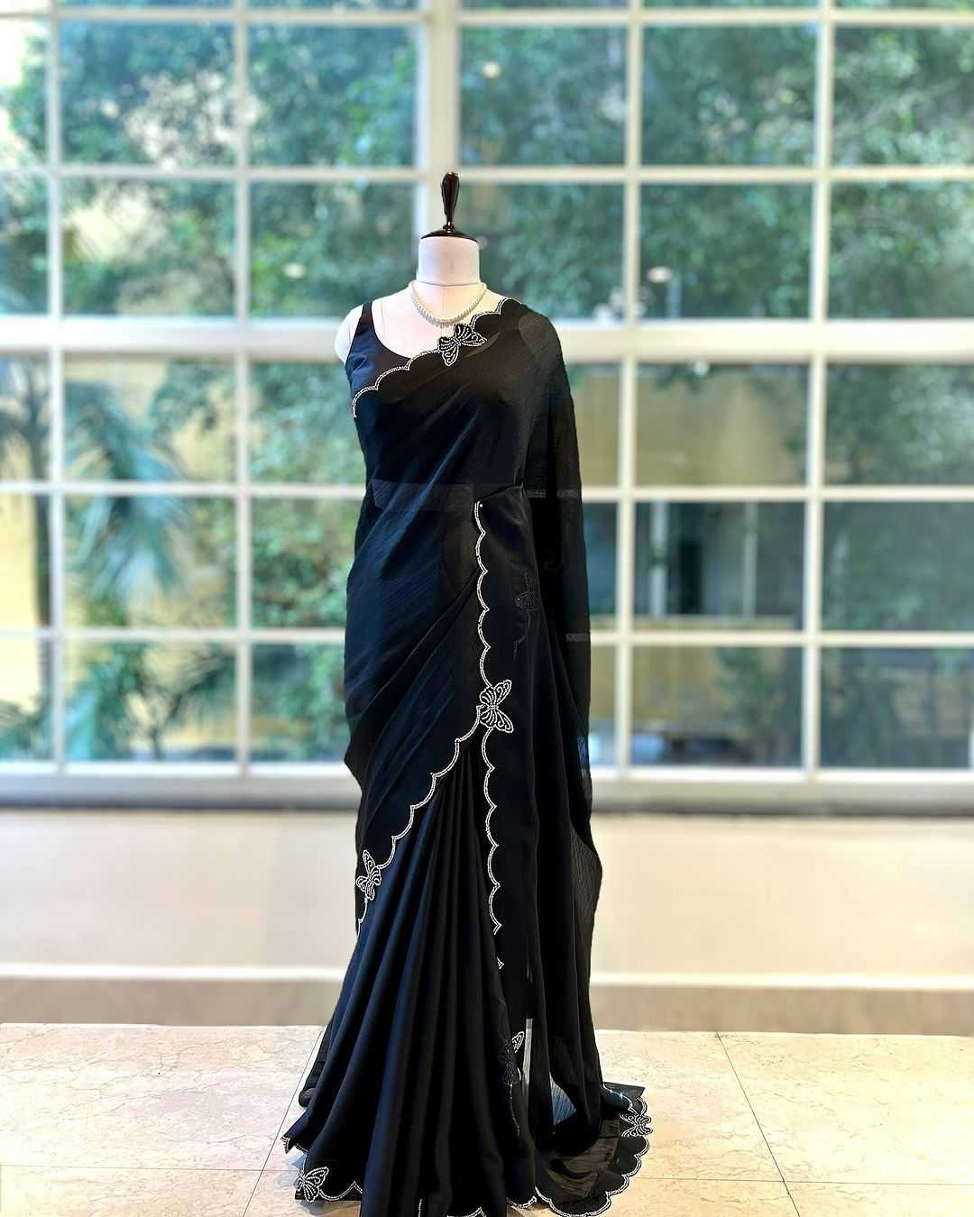 YNF ORGANZA SILK RIN164  RRS71 SAREES WHOLESALE ORGANZA PARTY WEAR HAND WORK CUTWORK BLACK SAREES MANUFACTURER