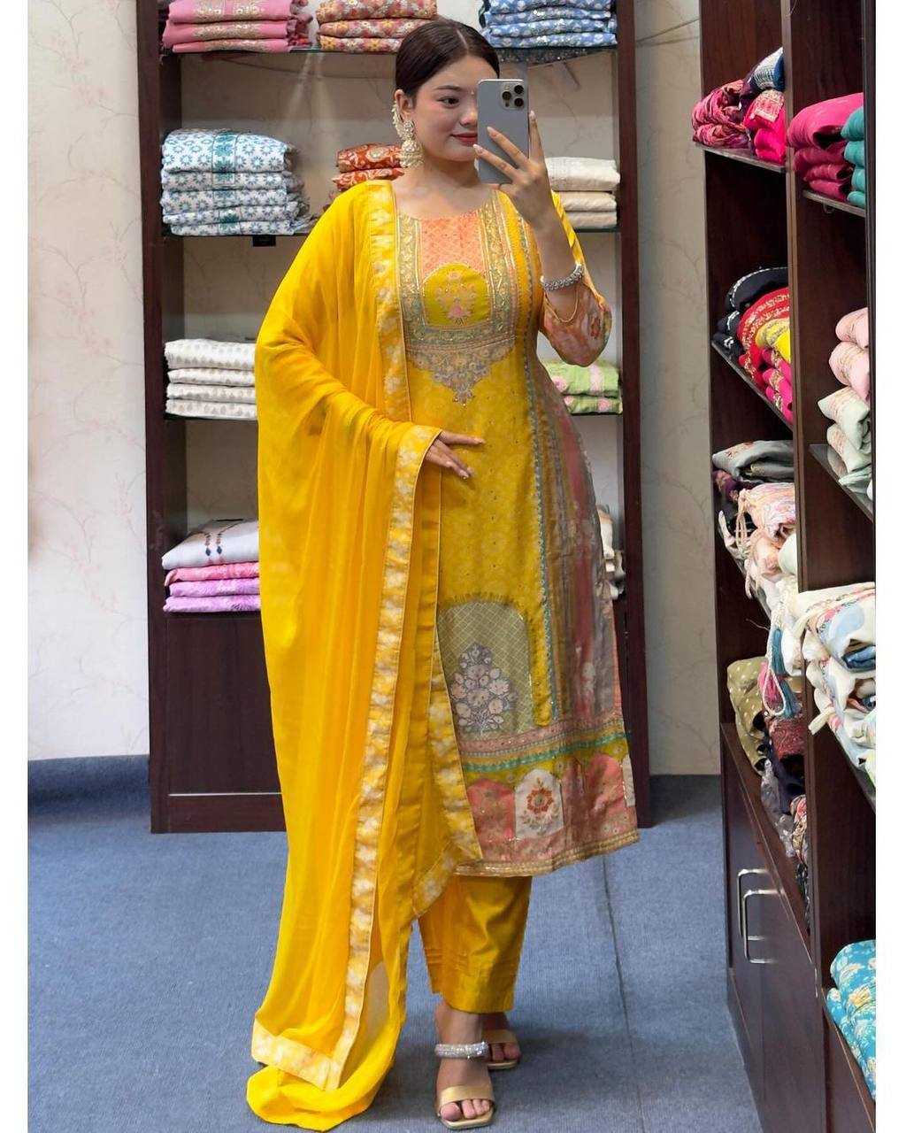 YNF SATIN SILK KESH211 LDY73 SUITS & DRESSES WHOLESALE LADIES PRINTED LADIES SILK YELLOW SALWAR SUITS MANUFACTURER