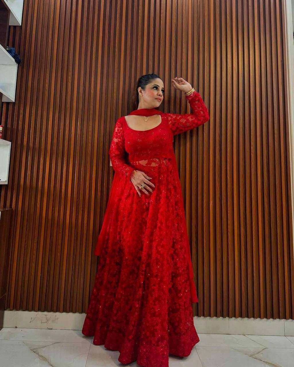 YNF BUTTERFLY NET RIN169 5770 GOWNS WHOLESALE RED NET ANARKALI SEQUIN GOWNS MANUFACTURER- Kapda Export