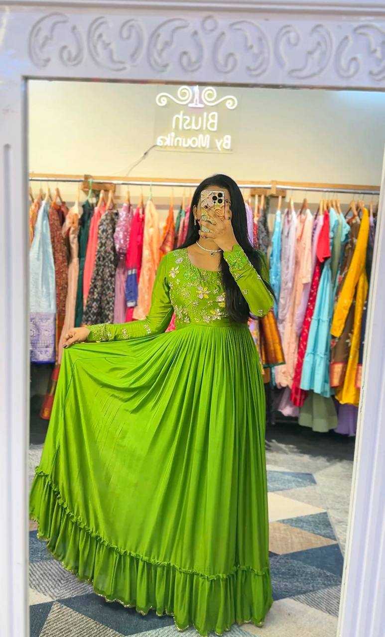 YNF CHINON SILK KESH232 997 GOWNS WHOLESALE EMBROIDERY LONG SILK GREEN GOWNS MANUFACTURER- Kapda Export