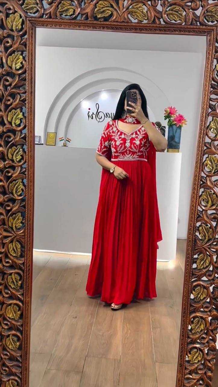 YNF FAUX GEORGETTE KESH119 459 GOWNS WHOLESALE EMBROIDERY RED GEORGETTE SEQUIN GOWNS MANUFACTURER- Kapda Export