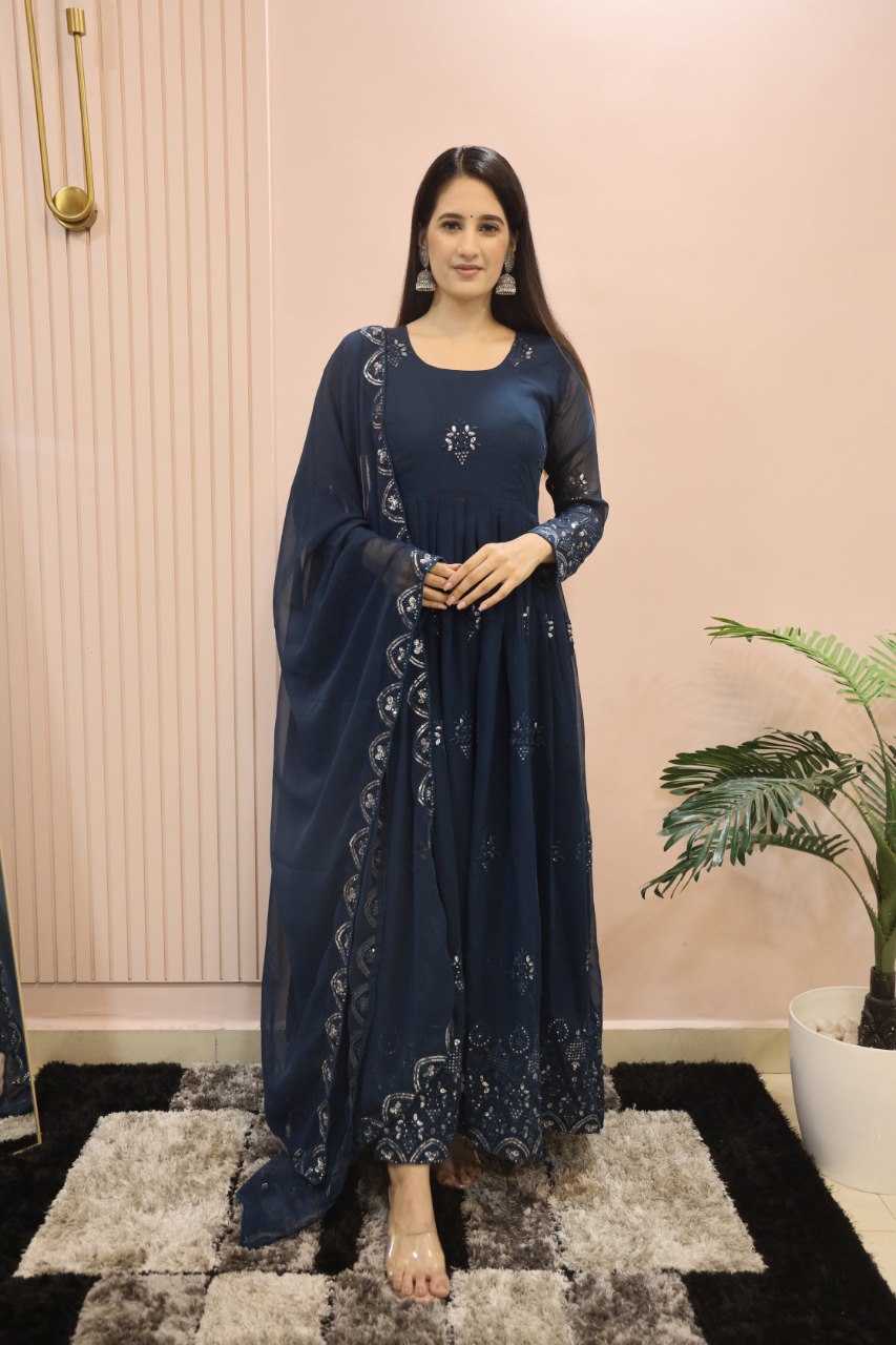 YNF FAUX GEORGETTE KESH164 G55 GOWNS WHOLESALE EMBROIDERED ANARKALI GEORGETTE BLUE GOWNS MANUFACTURER- Kapda Export