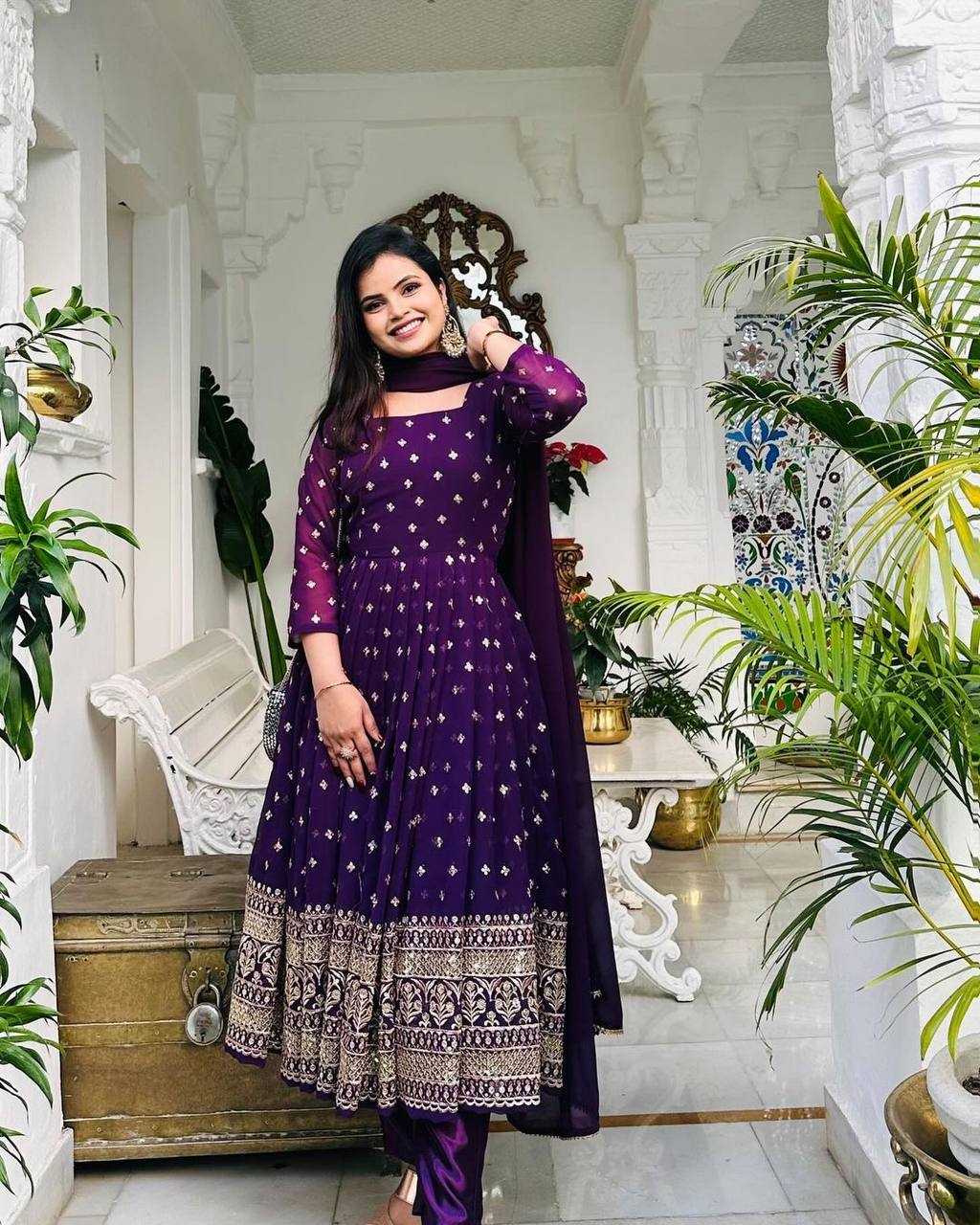 YNF FAUX GEORGETTE KESH224 184 GOWNS WHOLESALE EMBROIDERED ANARKALI LONG GEORGETTE GOWNS WITH DUPATTA PURPLE GOWNS MANUFACTURER