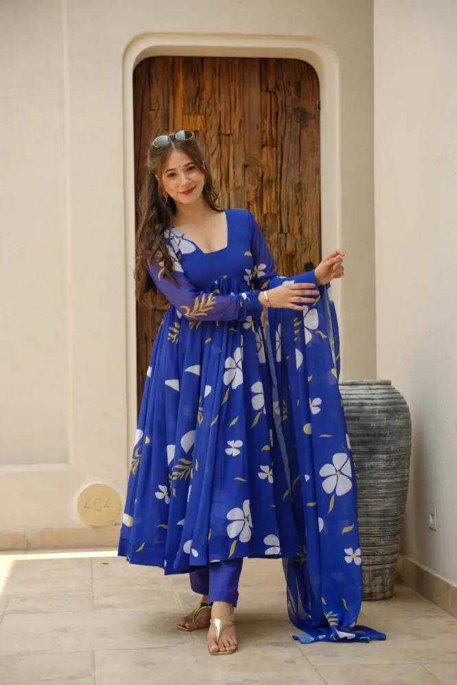 YNF FAUX GEORGETTE KESH240 382 GOWNS WHOLESALE GEORGETTE ANARKALI BLUE PRINTED GOWNS MANUFACTURER