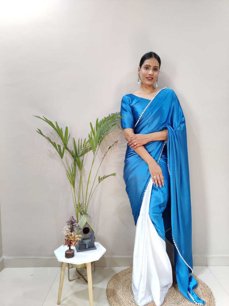 YNF JAPAN SARTIN KESH208 063 SAREES WHOLESALE CRAPE SATIN HALF AND HALF PLAIN SOLID SARTIN SAREES MANUFACTURER