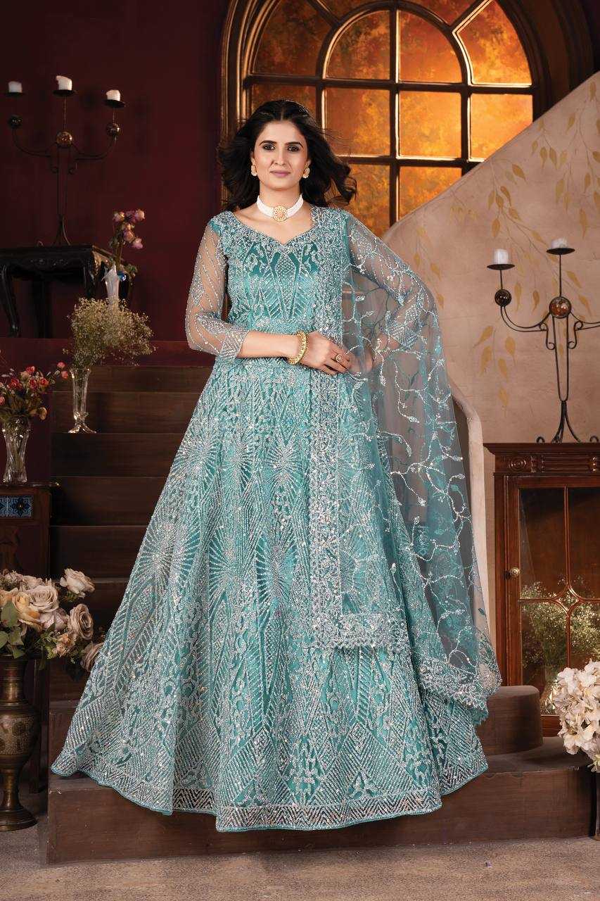 YNF NET RIN114 5027 LEHENGAS WHOLESALE DESIGNER NET FANCY EMBROIDERED BLUE LEHENGAS MANUFACTURER