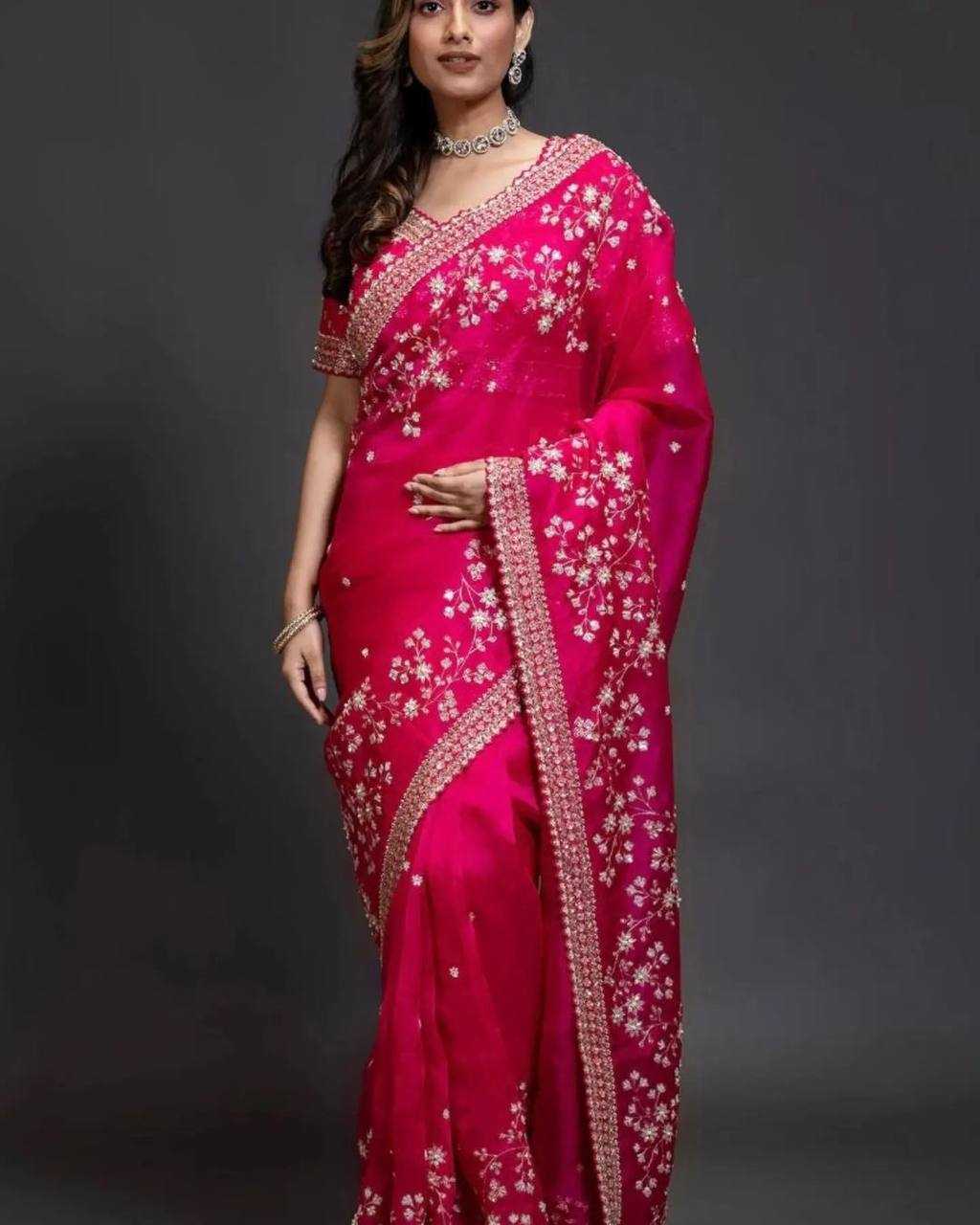 YNF ORGANZA SILK RIN187 653 SAREES WHOLESALE SEQUENCE EMBRODERY ORGANZA PINK SAREES MANUFACTURER- Kapda Export