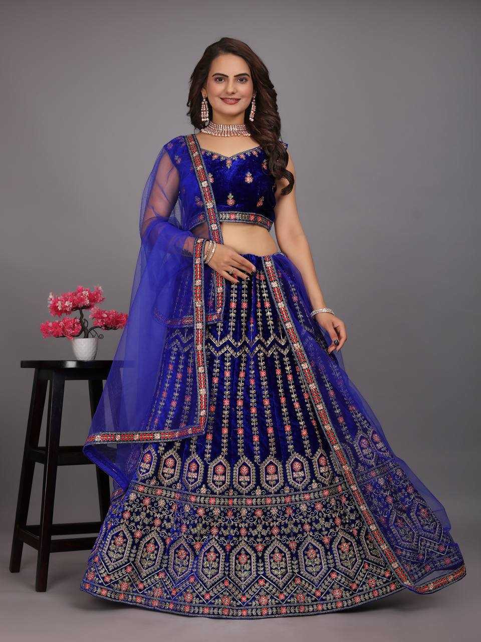 YNF VELVET KESH164 L48 LEHENGAS WHOLESALE DESIGENR VELVET WEDDING EMBROIDERED BLUE LEHENGAS MANUFACTURER- Kapda Export