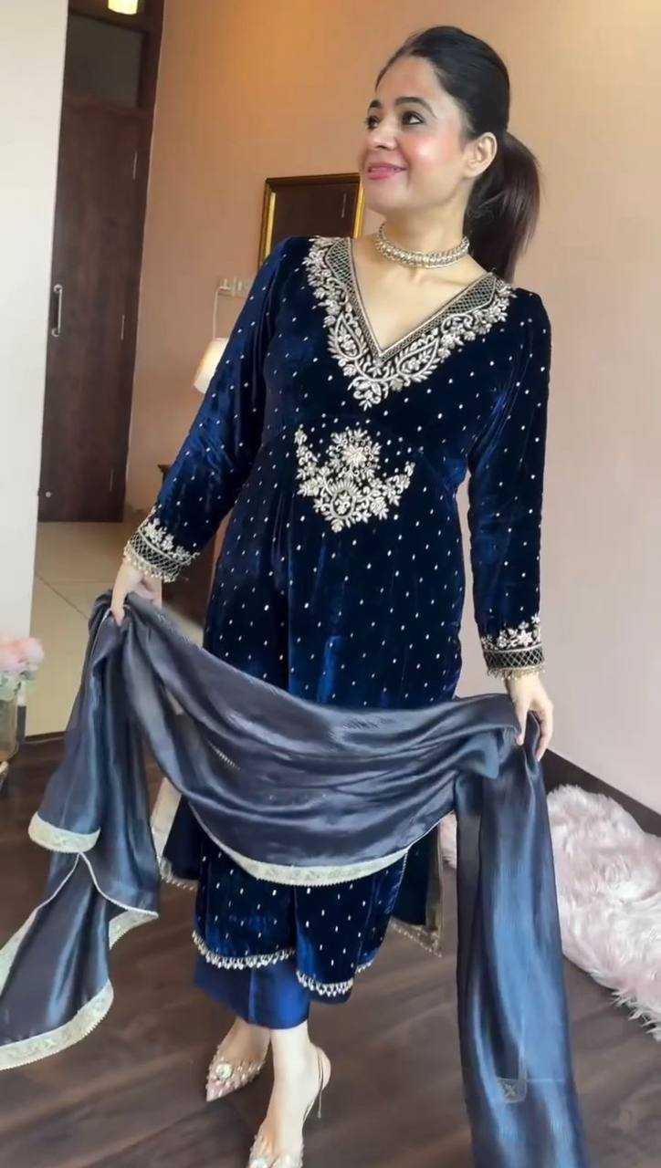 YNF VELVET RIN169 5771 SUITS & DRESSES WHOLESALE VELVET EMBROIDERY BLUE SALWAR LONG KURTI SUITS MANUFACTURE- Kapda Export