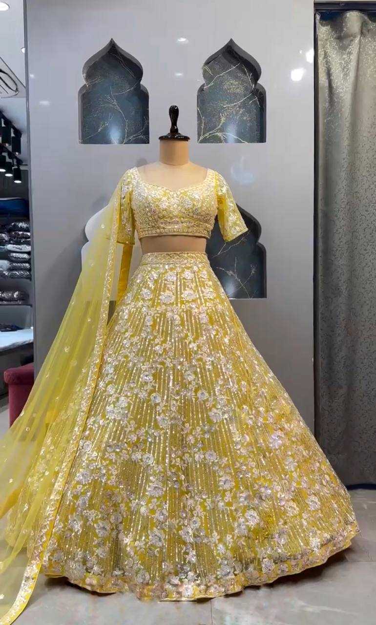 YNF BUTTERFLY NET RIN108 1694 LEHENGAS WHOLESALE BIRIDAL DESIGNER YELLOW HALDI OUTFITS LEHENGAS MANUFACTURER- Kapda Export