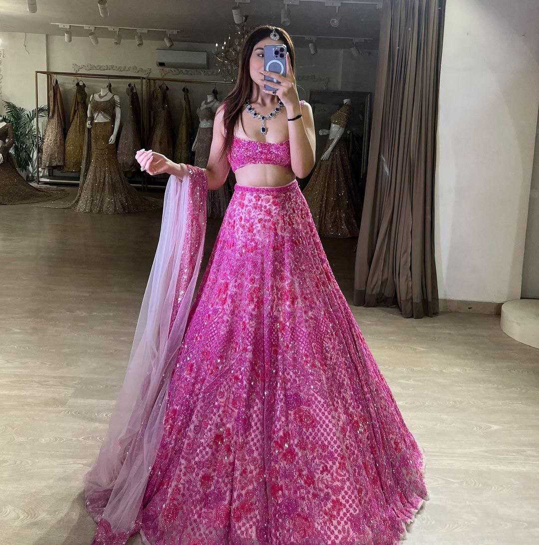 YNF BUTTERFLY NET RIN121 1002 LEHENGAS WHOLESALE EMBROIDERED DESIGNER NET FANCY SEQUNIS PINK LEHENGAS MANUFACTURER- Kapda Export