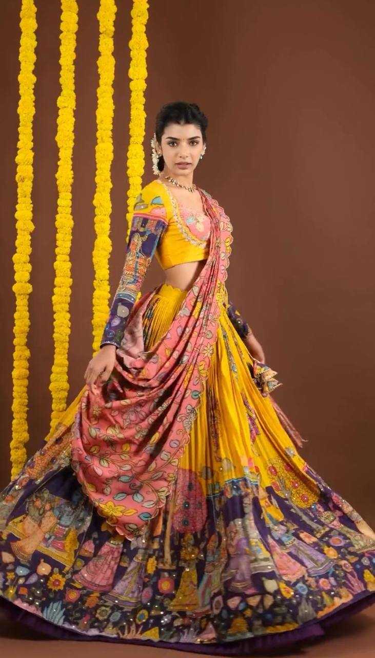 YNF CHENT CREPE KESH119 462 LEHENGAS WHOLESALE KALAMAKRI TRADITIONAL PRINTED LEHENGAS MANUFACTURER- Kapda Export