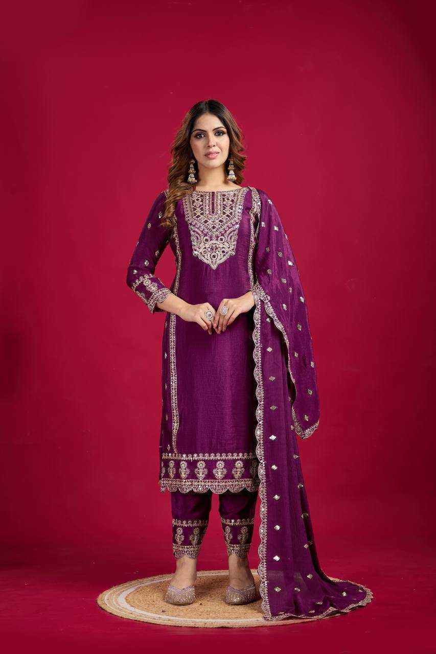 YNF CHINON SILK KESH128 5001 SUITS & DRESSES PRINTED EMBROIDERY WEDDING SILK LADIES SUITS MANUFACTUR- Kapda Export