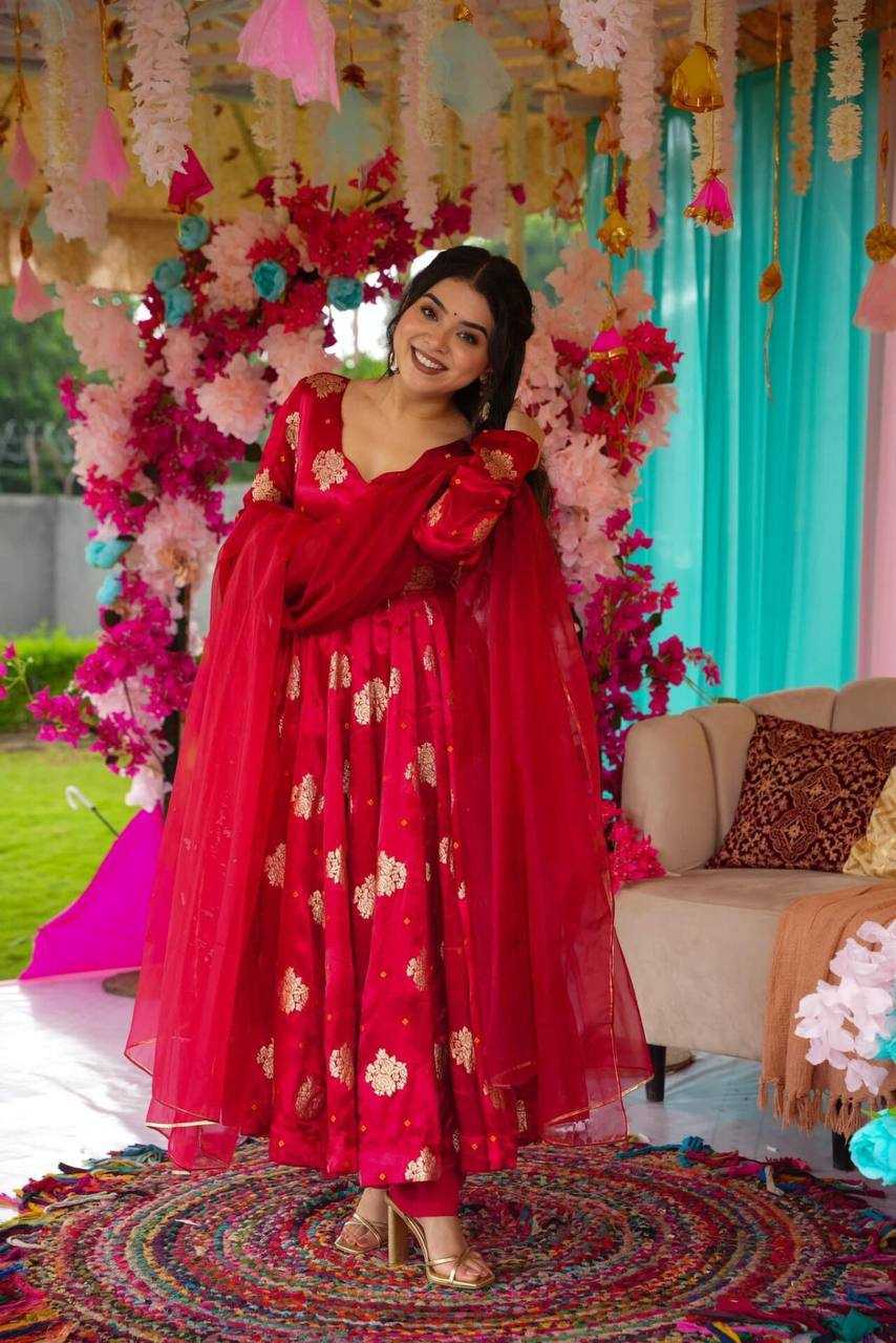 YNF CHINON SILK KESH232 1447 GOWNS WHOLESALE RED ANARAKLI FULL PRINTED WEDDING GOWNS MANUFACTURER- Kapda Export