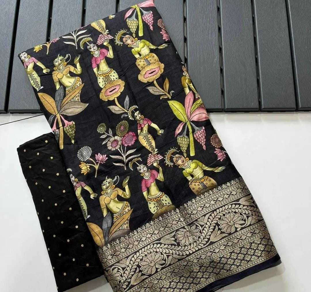 YNF DOLA SILK RIN149 MKD140 SILK SAREES WHOLESALE DOLA SILK ZARI BORDER SILK PRINTED SILK KALAMKARI SILK SAREES MANUFACTURER- Kapda Export