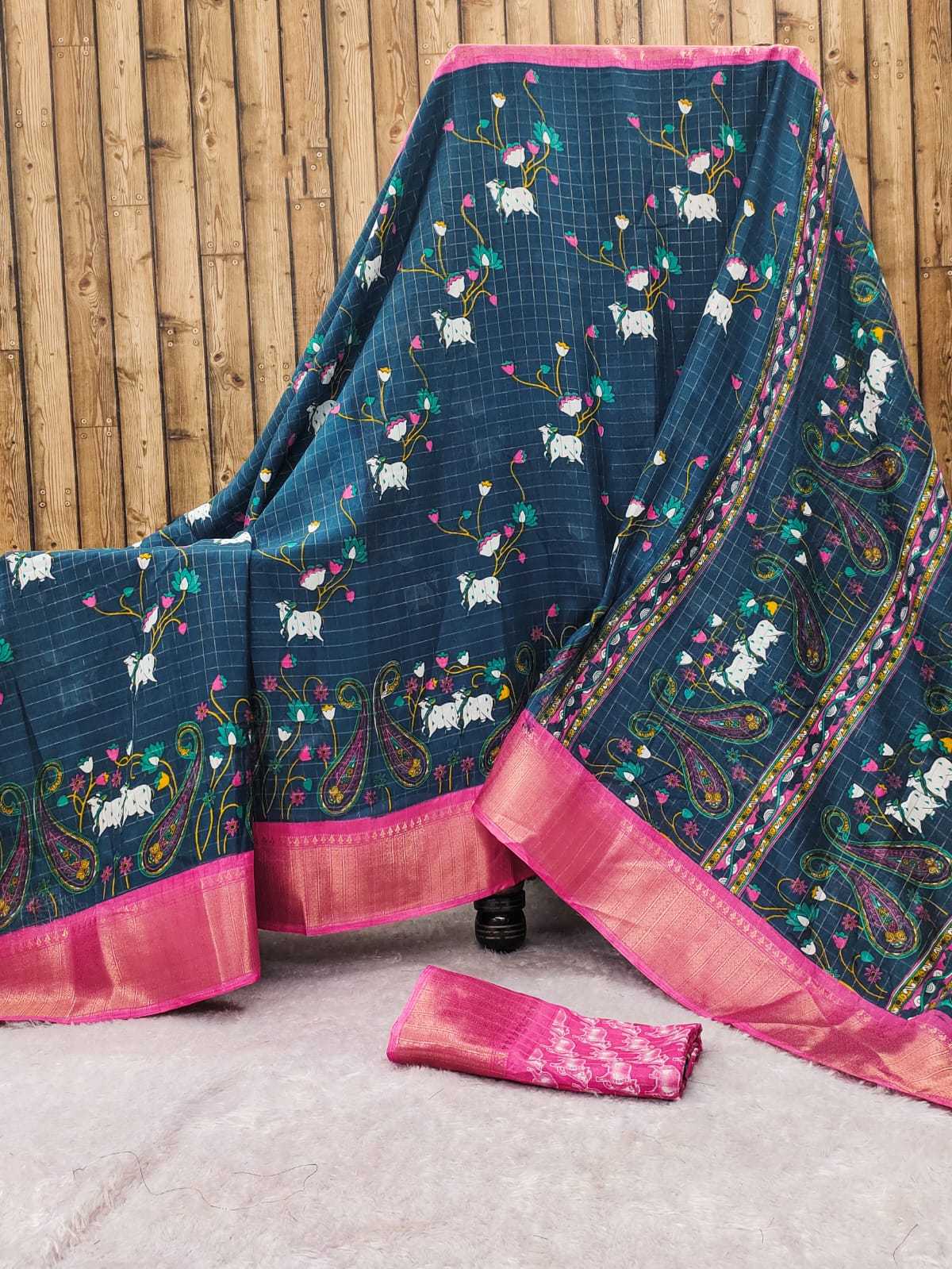 YNF DOLA SILK RIN149 MKD145 SILK SAREES WHOLESALE DOLA SILK ZARI BORDER SILK PRINTED SILK KALAMKARI SILK SAREES MANUFACTURER- Kapda Export