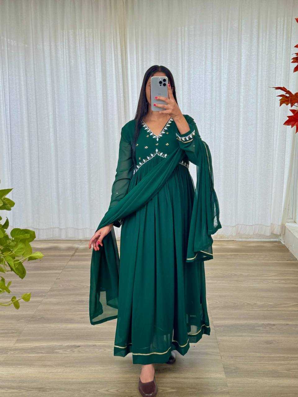 YNF FAUX GEORGETTE KESH240 409 GOWNS WHOLESALE GREEN ANARAKLI FULL SLEEVE WEDDING GEORGETTE GOWNS MANUFACTURER- Kapda Export