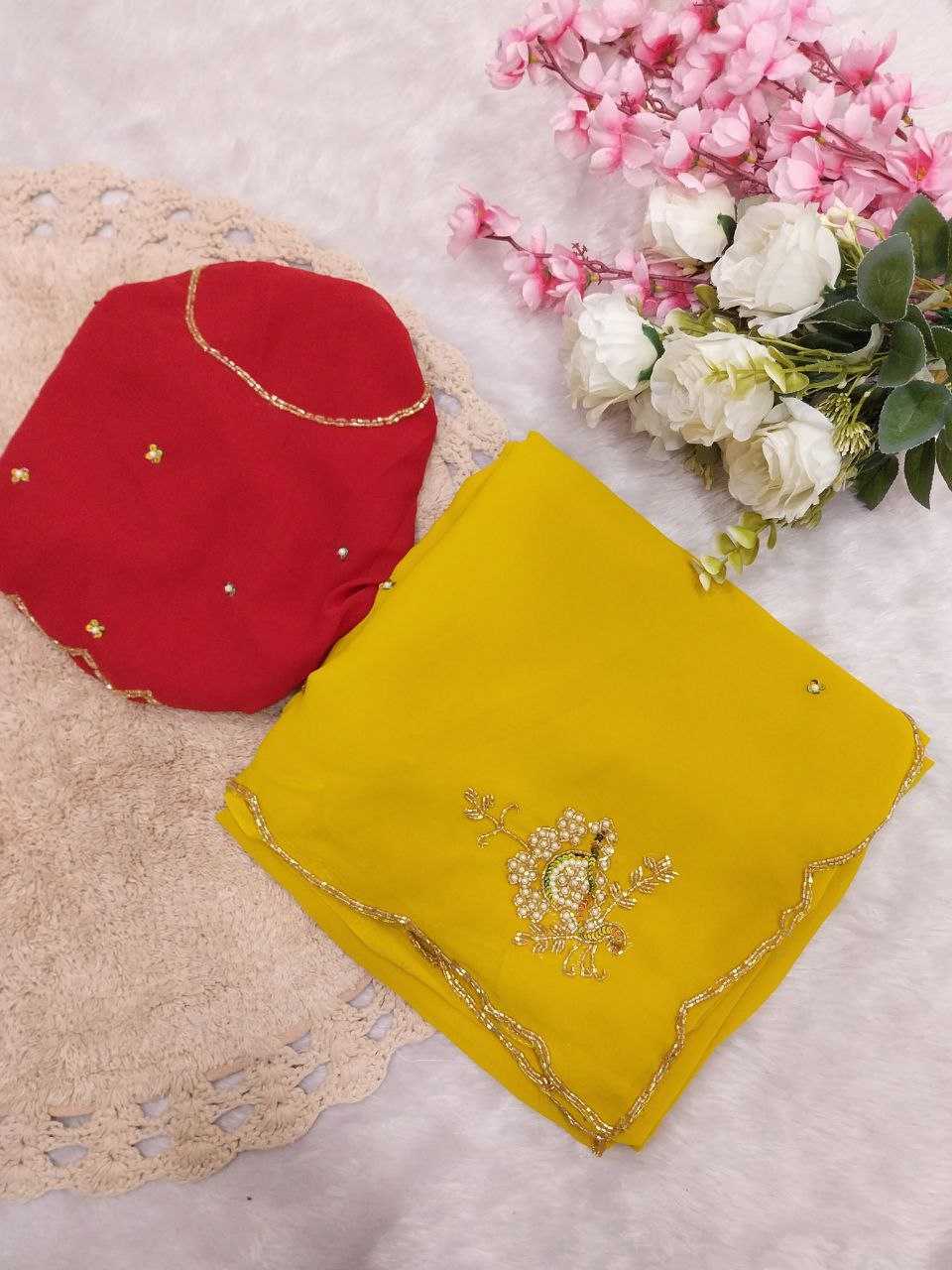 YNF FAUX GEORGETTE RIN171 565 SAREES WHOLESALE GEORGETTE HAND WORK YELLOW HALDI OUTFITS CUT WORK SAREES MANUFACTURER- Kapda Export