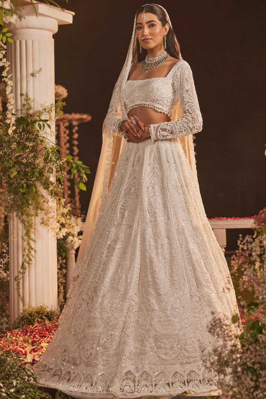 YNF GEORGETTE RIN121 1007 LEHENGAS WHOLESALE WEDDING DESIGNER EMBROIDERED NET FANCH SEQUNIS WHITE LEHENGAS MANUFACTURER- Kapda Export