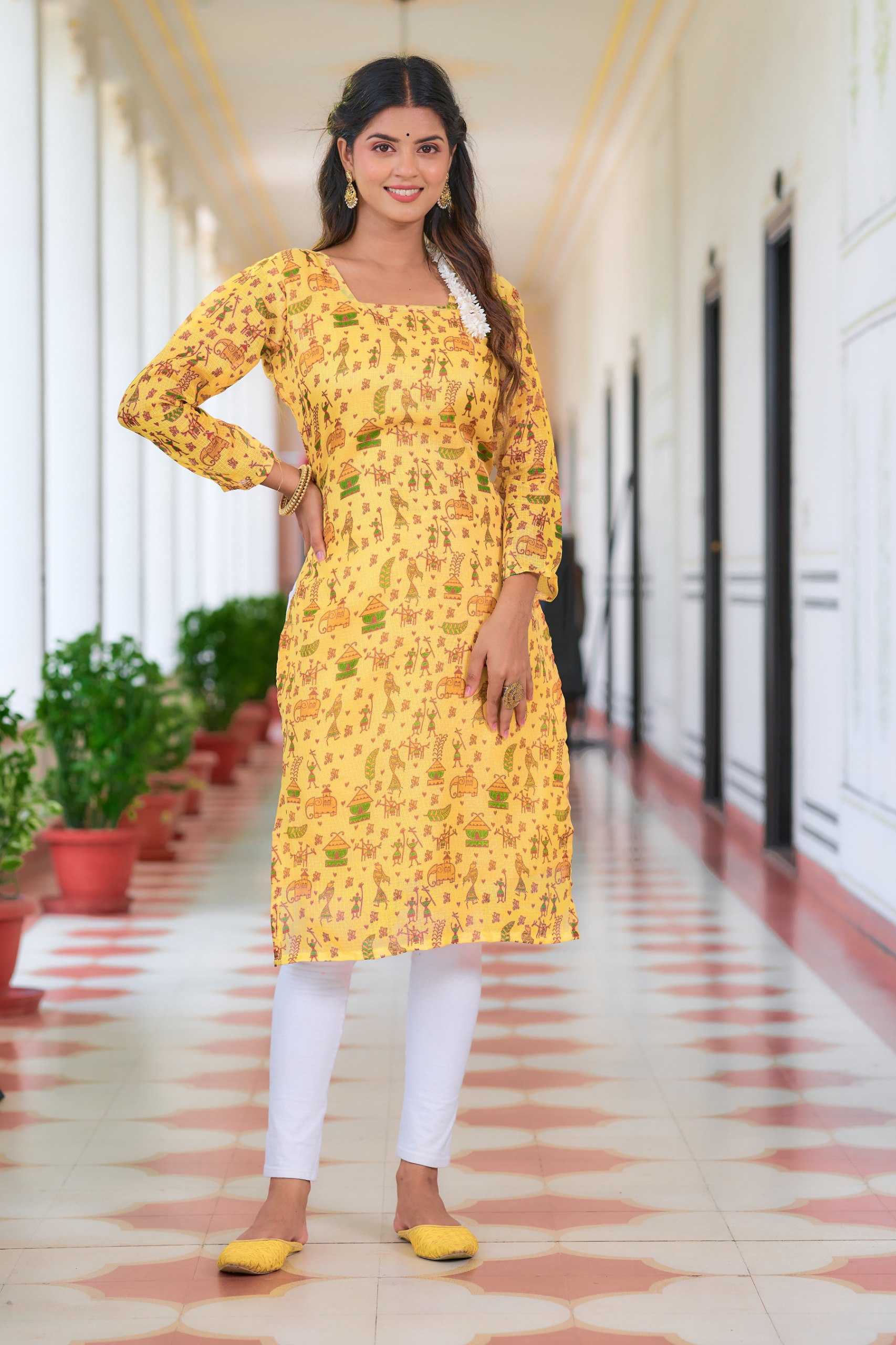 YNF KOTA CHEX KESH243 1037 KURTIS WHOLESALE PRINTED LADIES YELLOW FULL SLEEVE KURTIS MANUFACTURER- Kapda Export