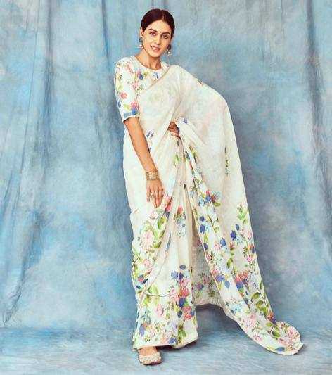 YNF LINEN KESH223 137 SAREES WHOLESALE WHITE COTTON PRINTED LINEN SAREES MANUFACTURER- Kapda Export