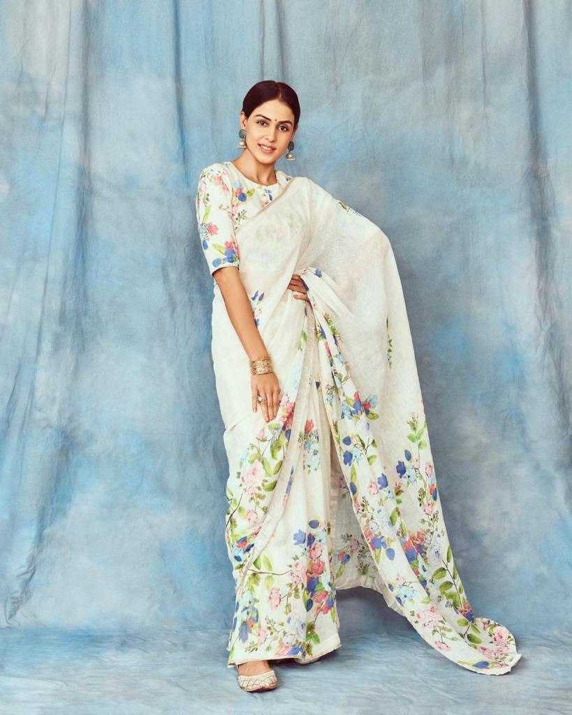 YNF LINEN RIN119 001 SAREES WHOLESALE PRINTED LADIES WHITE LINEN SAREES MANUFACTURER- Kapda Export