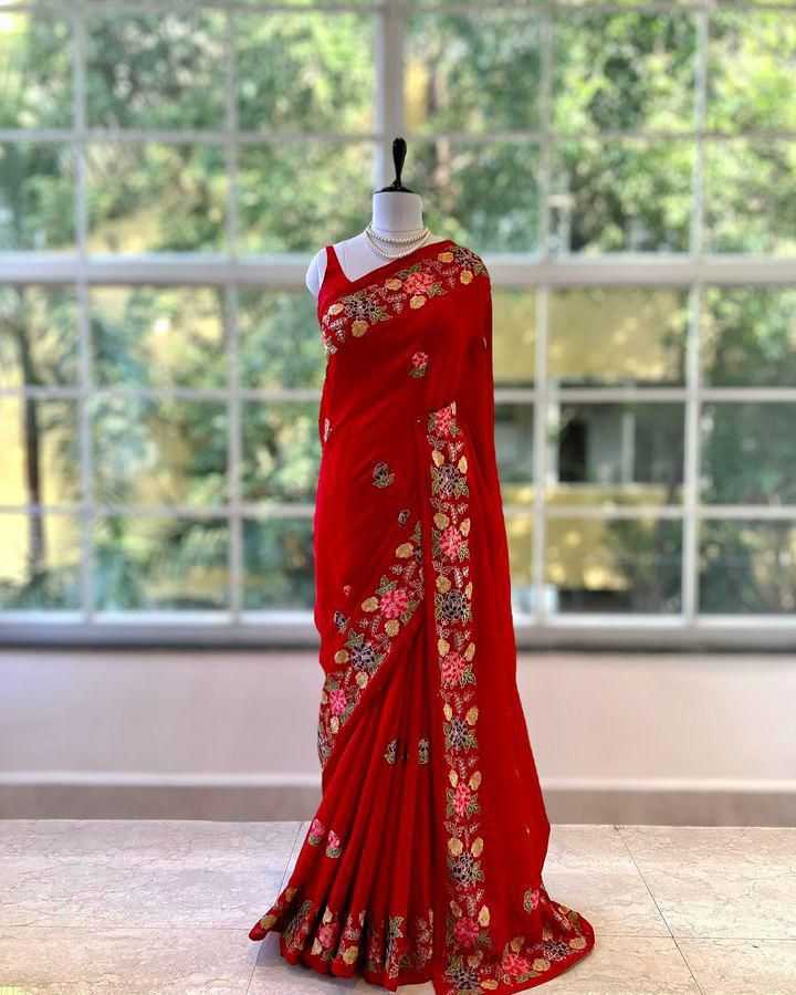 YNF TUSSAR SILK SOFT  RIN164 RRS104 SAREES WHOLESALE EMBROIDERED RED TUSSAR SILK SAREES  MANUFACTURER- Kapda Export