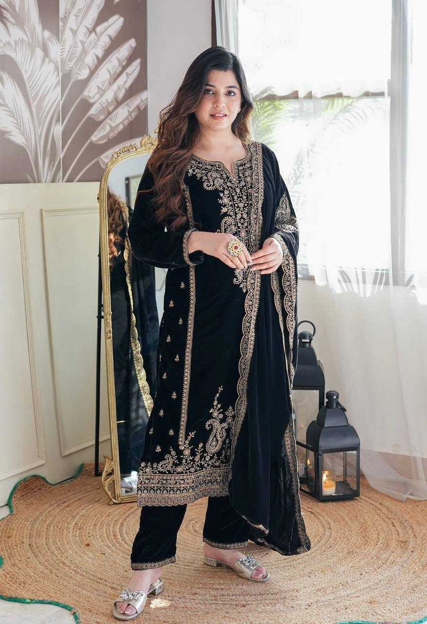 YNF VELVET KESH122 399 SUITS & DRESSES WHOLESALE EMBROPIDERY VELVET PARTY WEAR BLACK SUITS MANUFACTURE- Kapda Export