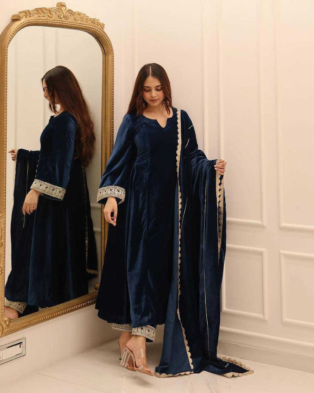 YNF VELVET KESH139 1662 GOWNS WHOLESALE BLUE ANARAKLI VELVET MANUFACTURER- Kapda Export