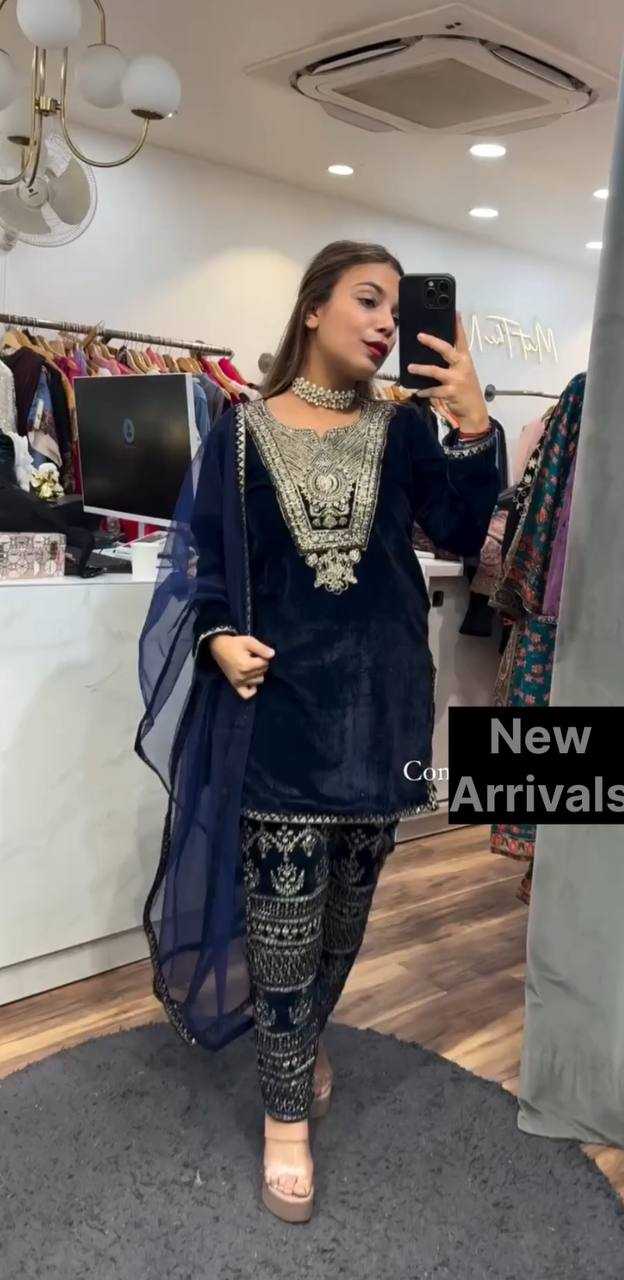 YNF VELVET KESH147 232 SUITS & DRESSES WHOLESALE EMBROPIDERY VELVET PARTY WEAR BLUE SUITS MANUFACTURE- Kapda Export