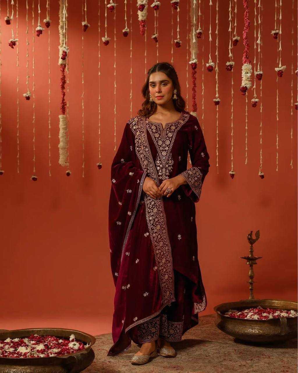 YNF VELVET KESH147 235 SUITS & DRESSES WHOLESALE EMBROIDERED PARTY WEAR VELVET SUITS MANUFACTURER- Kapda Export