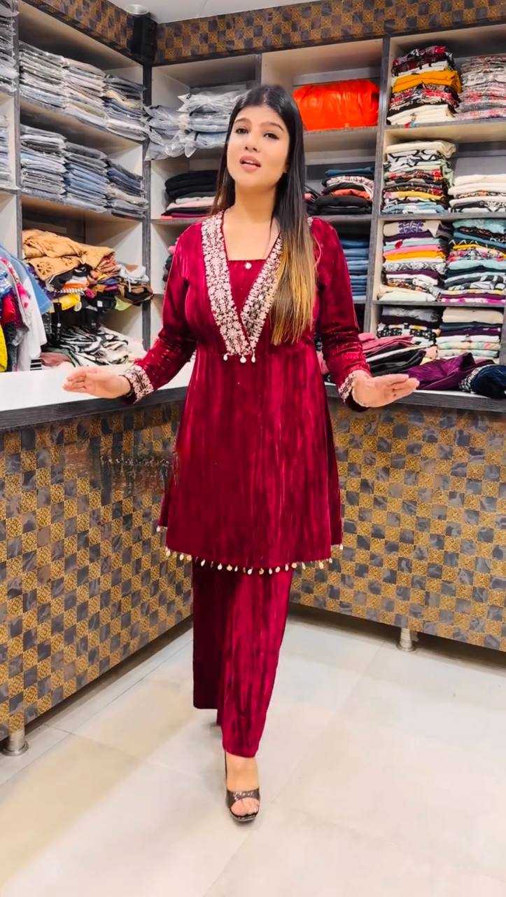 YNF VELVET KESH228 571 KURTIS WHOLESALE FESTIVE KURTI WITH BOTTOM EMBROIDERED EMBROIDERED V NECK RED KURTIS MANUFACTURER- Kapda Export