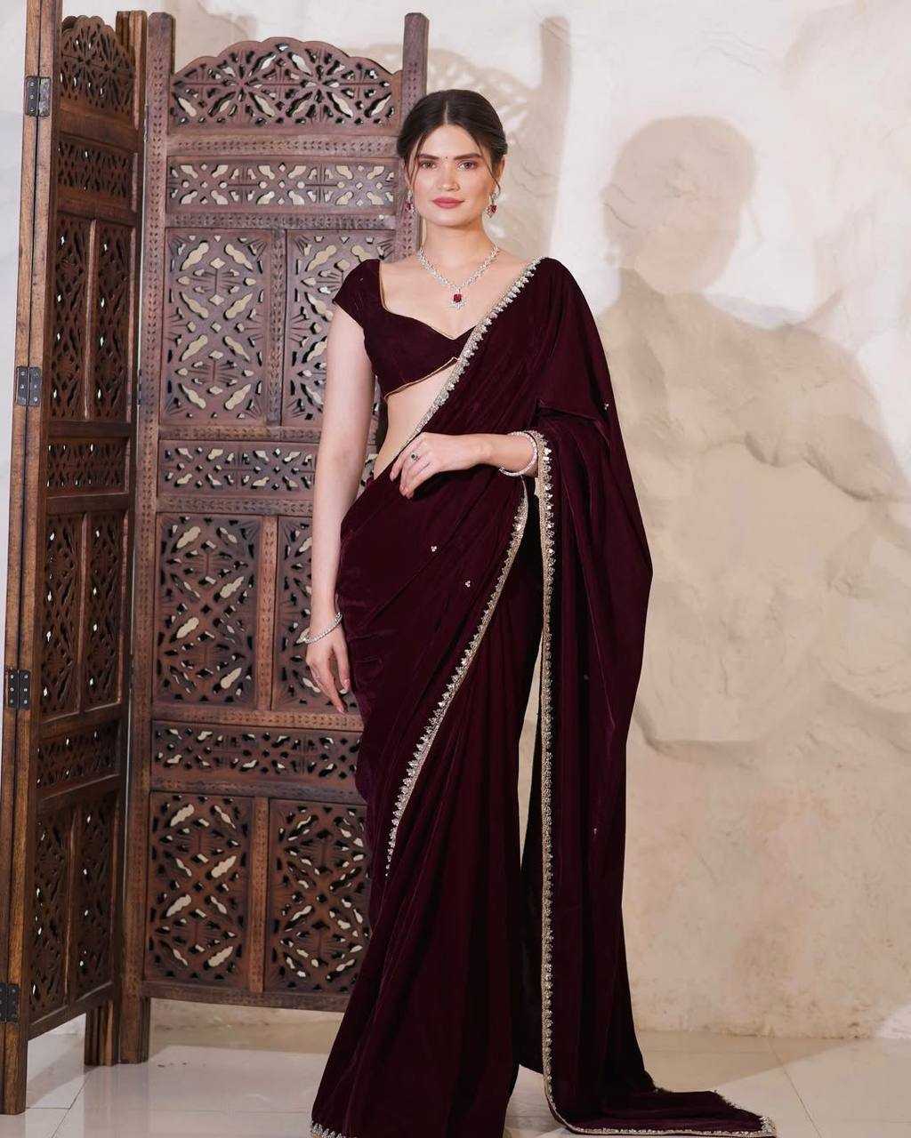 YNF VELVET KESH250 RGF12 SAREES WHOLESALE VELVET LACE BORDER MIRROR WORK SAREES MANUFACTURER- Kapda Export