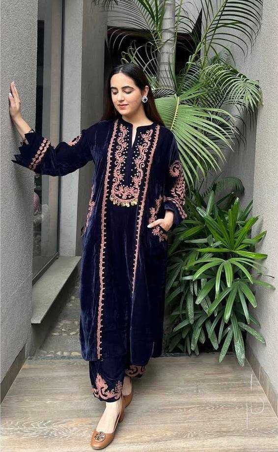 YNF VELVET RIN141 1890 KURTIS WHOLESALE PARTY WEAR KURTI WITH BOTTOM EMBROIDERED BLUE KURTIS MANUFACTURER- Kapda Export