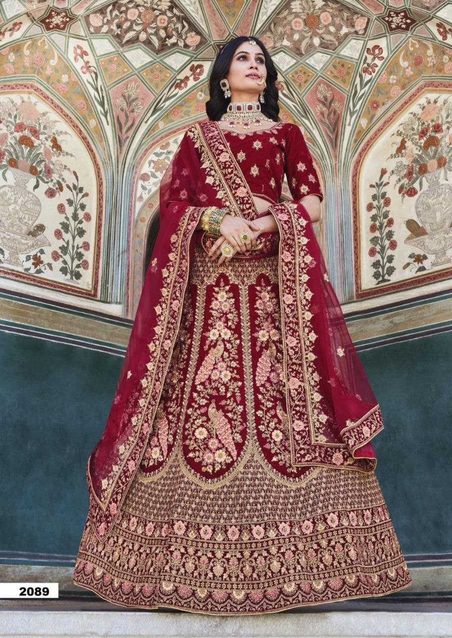 YNF VELVET RIN195 BRIDAL LOOK 2089 LEHENGAS WHOLESALE BRIDAL EMBROIDERED DESIGNER VELVET ZARI WORK LEHENGAS MANUFACTURER- Kapda Export