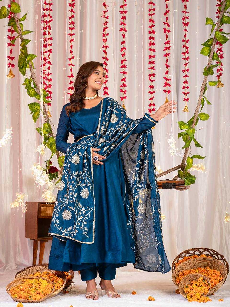 YNF VICHITRA SILK KESH144 1230 GOWNS WHOLESALE ANARKALI SILK FULL SLEEVE BLUE GOWNS MANUFACTURER- Kapda Export