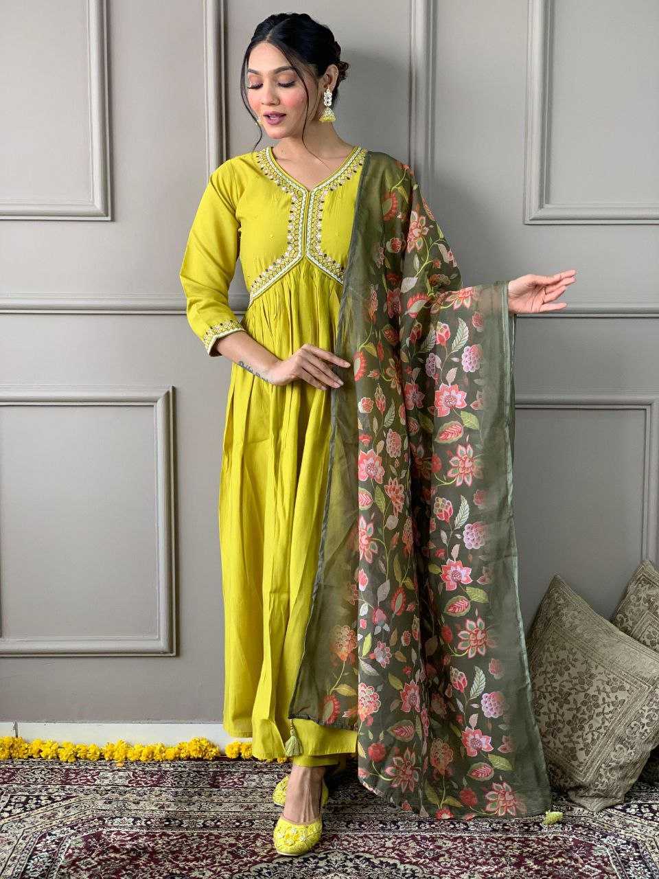 YNF VISCOSE CHANDERI KESH214 276 SUITS & DRESSES WHOLESALE ALIA CUT CHANDERI HALDI OUTFITS SUITS MANUFACTURE- Kapda Export