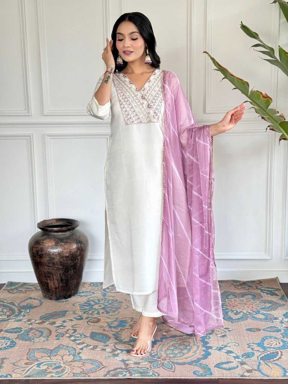 YNF VISCOSE CHANDERI KESH242 VICTORIYA SUITS & DRESSES WHOLESALE EMBROIDERY CHANDERI LONG KURTI WHITE SALWAR SUITS MANUFACTURE- Kapda Export