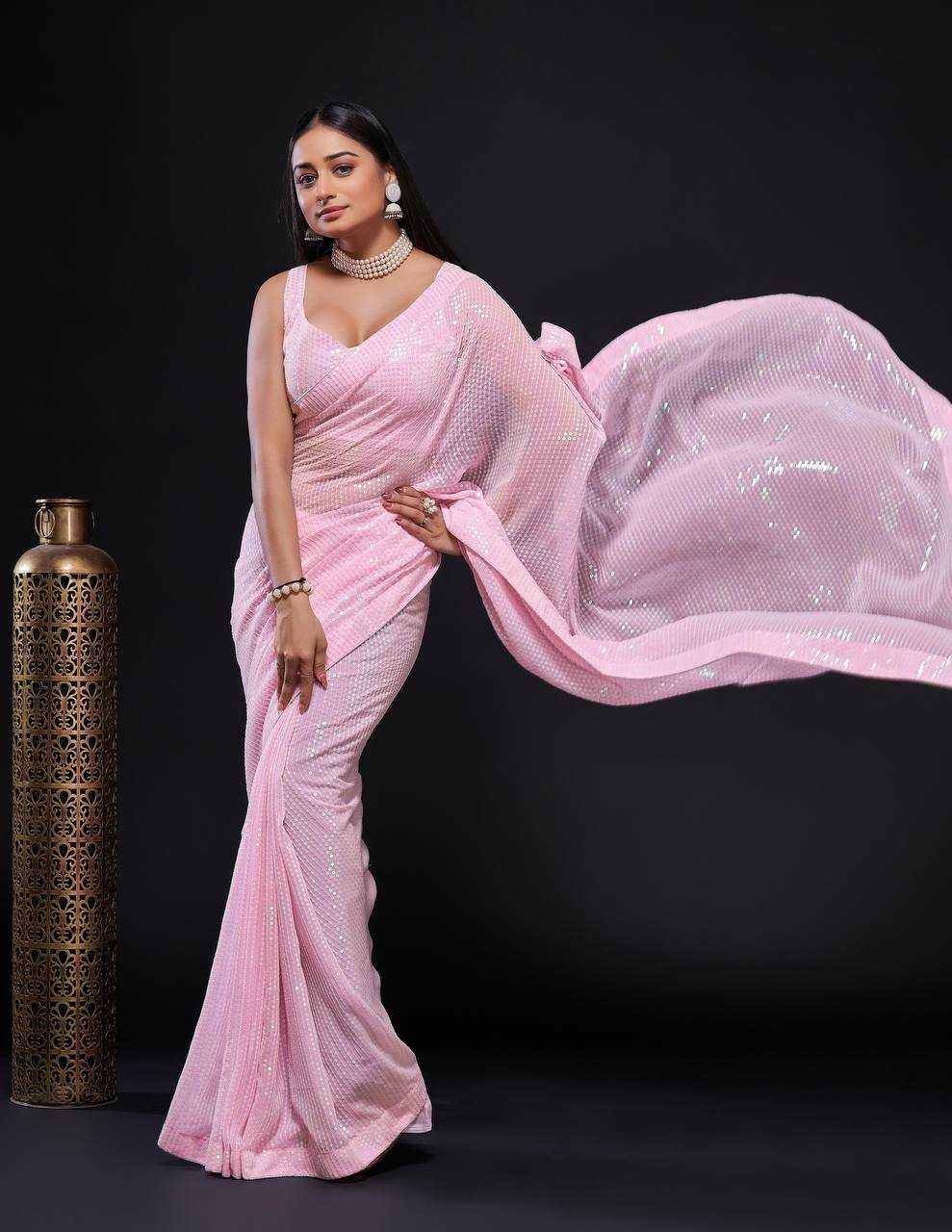 Ynf Georgette RIN213 341 Sarees Wholesale Party Wear Sarees Sequins Work Saree Pink Sarees Manufacturer- Kapda Export