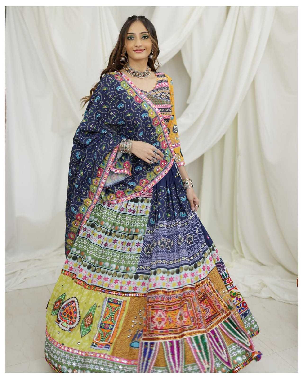 Ynf Muslin Cotton RIN222 126 Lehengas Navratri Chaniya Choli Wholesale Navratri Gowns Mirror Work Lehenga Manufacturer- Kapda Export