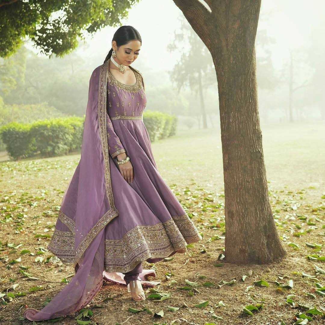 Ynf Chinon Silk KESH490 634 Gowns Wholesale Embroidery Gowns Designer Gowns Silk Gowns Purple Gown Manufacturer- Kapda Export