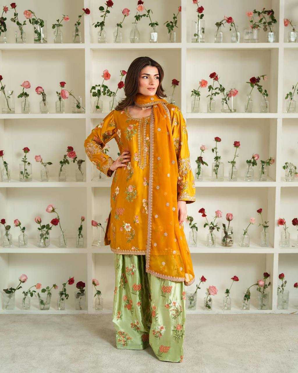 Ynf Crepe Silk KESH499 861 Suits & Dresses Wholesale Sharara Salwar Suits Party wear suits Yellow Salwar Suit Manufacturer- Kapda Export