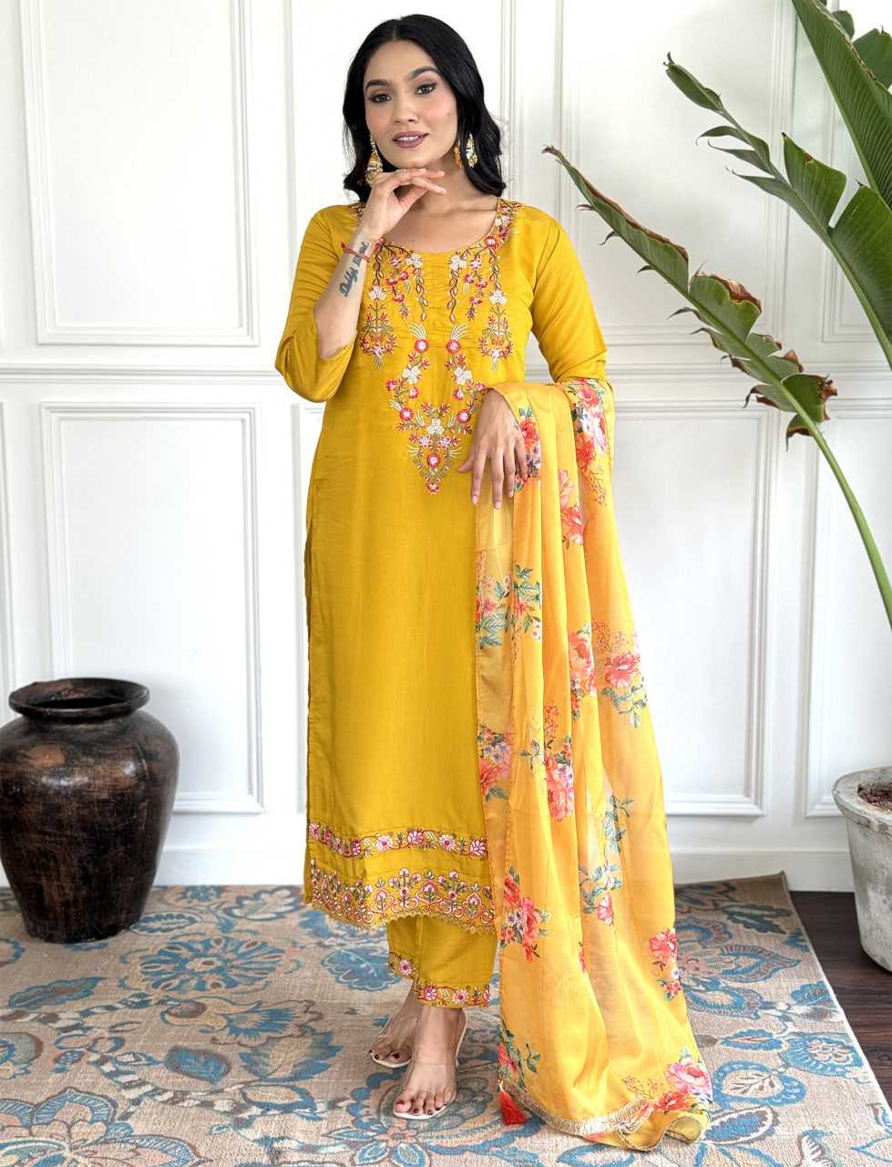 Ynf Heavy Roman Silk KESH334 deewana Suits & Dresses Wholesale Embroidery Suits Silk Suits Yellow Salwar Suit Manufacturer- Kapda Export