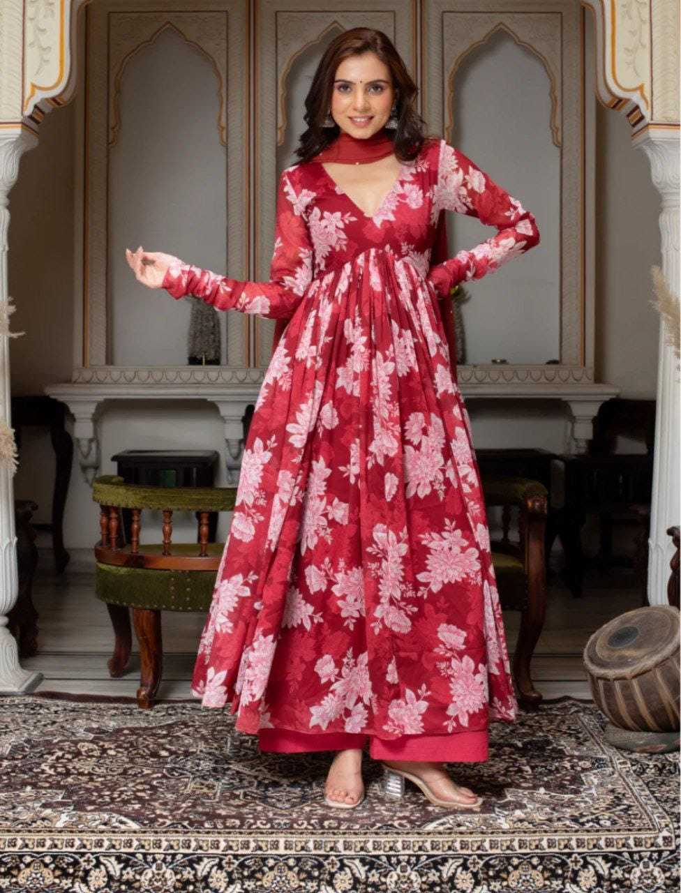 Ynf Georgette RIN157 203 Gowns Plus Size Collections Wholesale Printed Gowns Georgette Gown Maroon Gown Manufacturer- Kapda Export